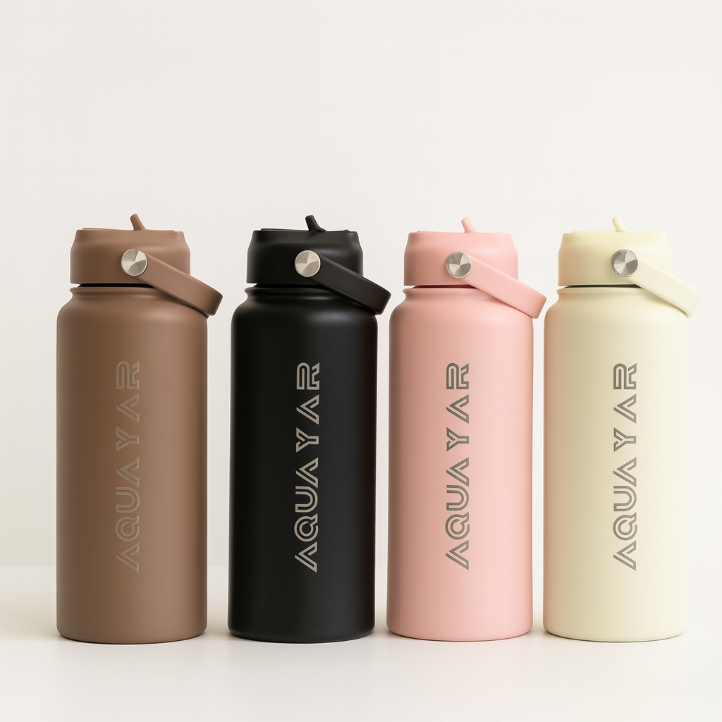 Four Aquayar water bottles in different colors on a white background